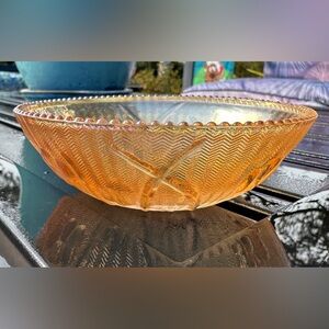 Carnival Glass Jeanette Iris & Herringbone Orange Iridescent Small Bowl VTG